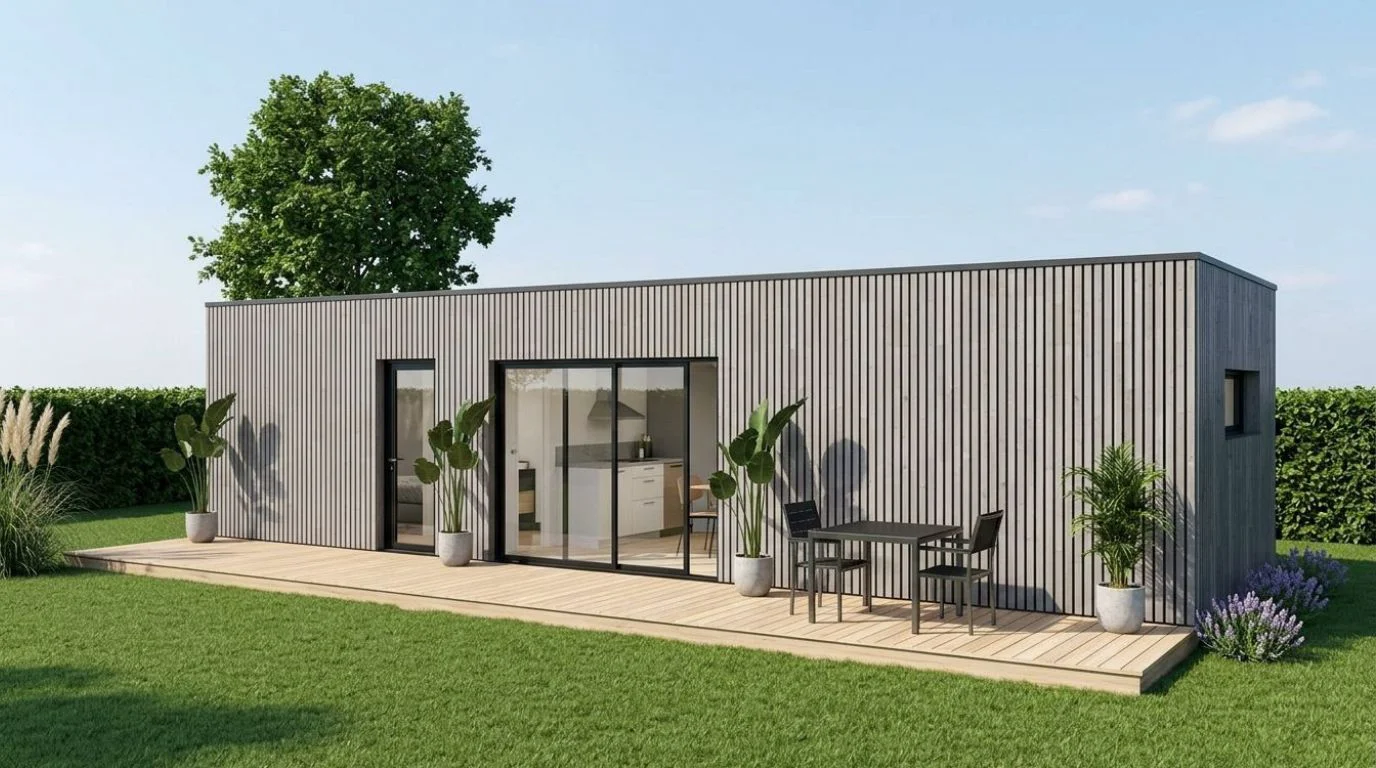 Studio de jardin moderne gris à toit plat avec portes vitrées coulissantes, terrasse et plantes en pots.