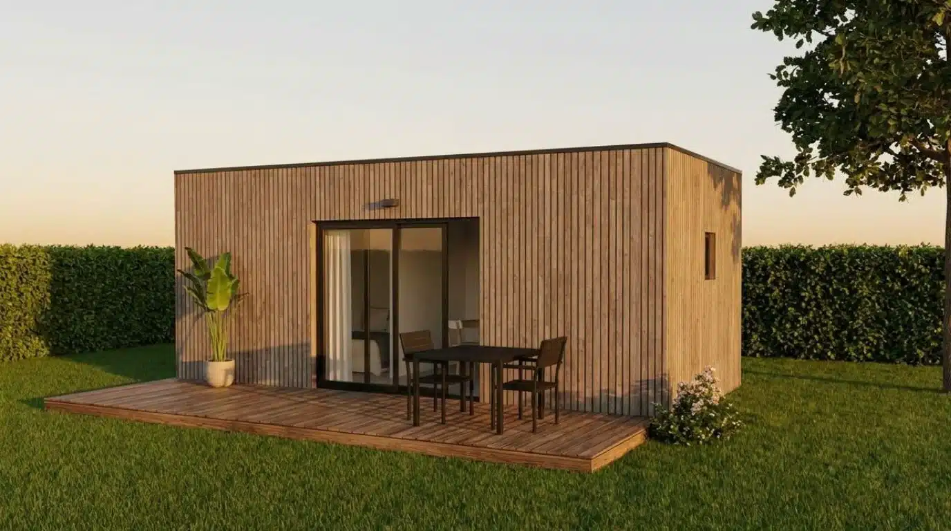 Studio de jardin moderne en bois avec portes vitrées coulissantes, terrasse et mobilier extérieur