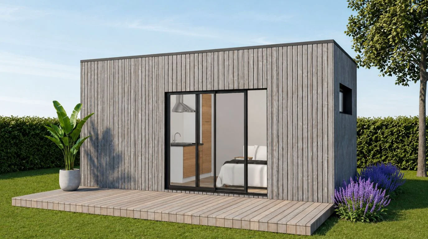 Intérieur visible d’un studio de jardin avec un lit, une suspension et un mobilier simple
